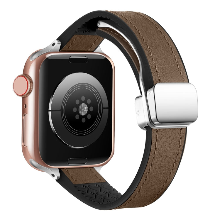 For Apple Watch Series 8 45mm Magnetic Folding Leather Silicone Watch Band(Dark Brown) by bashfashion