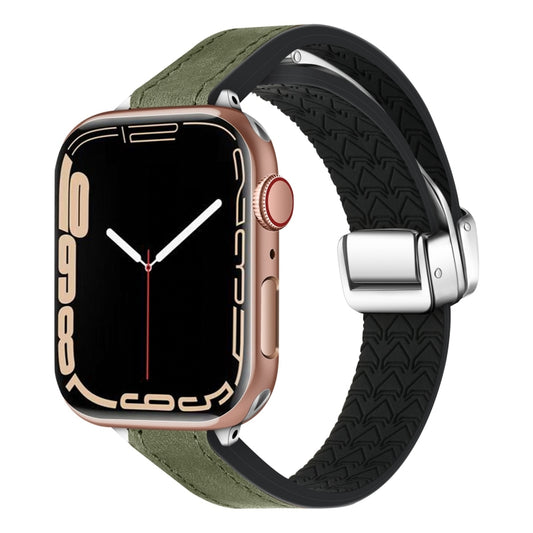 For Apple Watch SE 2022 44mm Magnetic Folding Leather Silicone Watch Band(Crazy Horse Green) by bashfashion