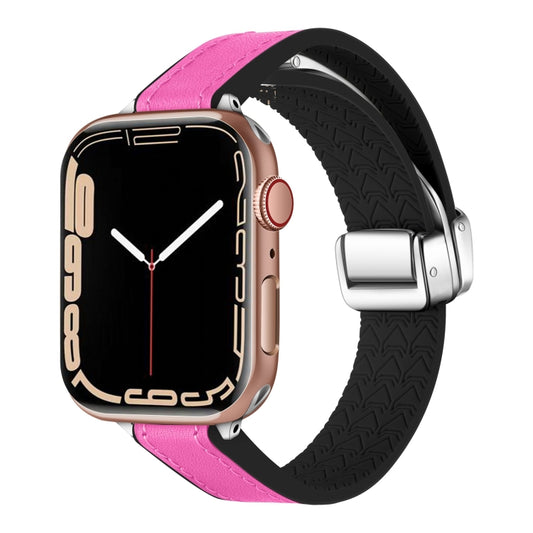 For Apple Watch SE 2022 44mm Magnetic Folding Leather Silicone Watch Band(Rose Pink on Black) by bashfashion