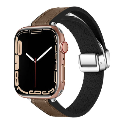 For Apple Watch Series 7 45mm Magnetic Folding Leather Silicone Watch Band(Dark Brown) by bashfashion