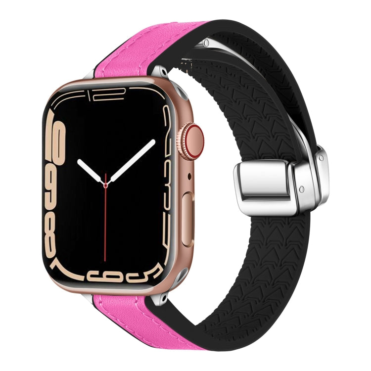 For Apple Watch Series 4 40mm Magnetic Folding Leather Silicone Watch Band(Rose Pink on Black) by bashfashion