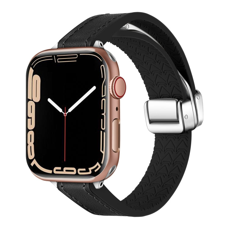 For Apple Watch Series 4 40mm Magnetic Folding Leather Silicone Watch Band(Napa Black) by bashfashion