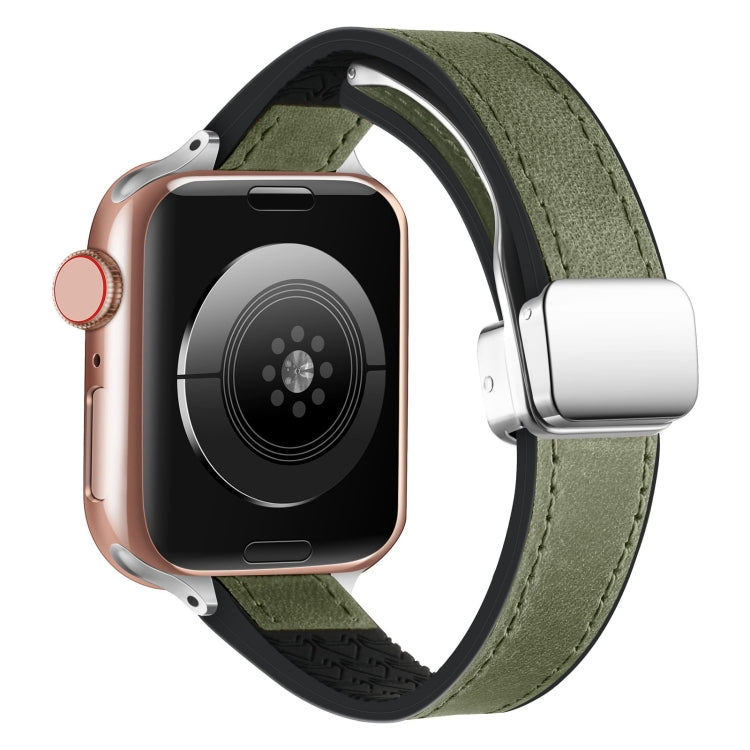 For Apple Watch Series 3 38mm Magnetic Folding Leather Silicone Watch Band(Crazy Horse Green) by bashfashion