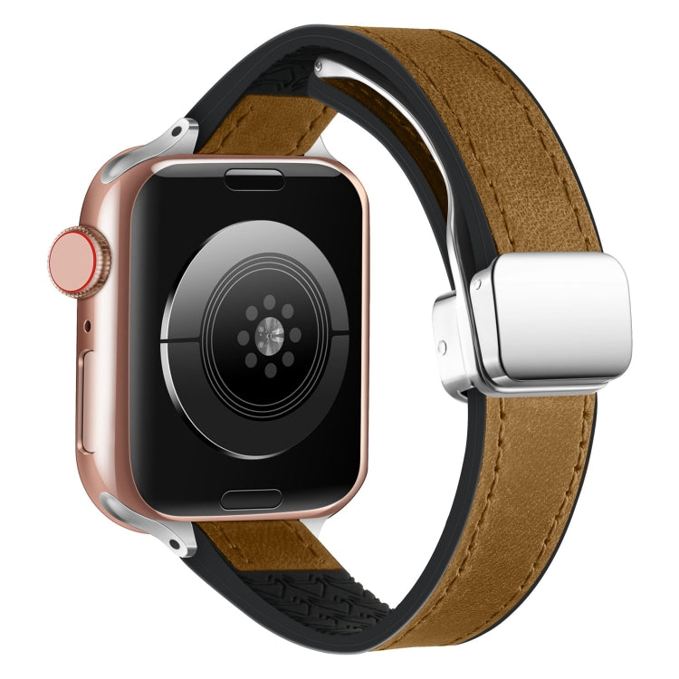 For Apple Watch 42mm Magnetic Folding Leather Silicone Watch Band(Crazy Horse Brown) by bashfashion