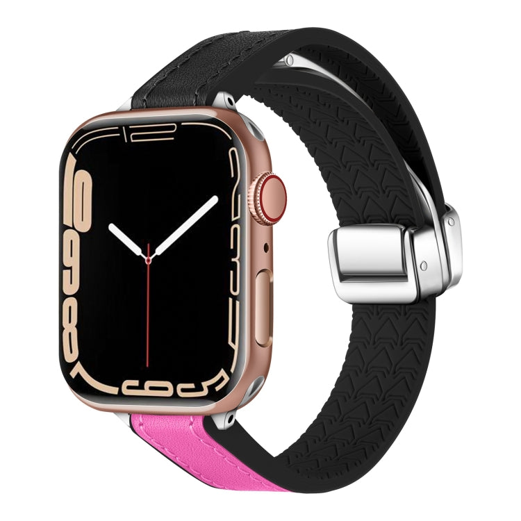 For Apple Watch 38mm Magnetic Folding Leather Silicone Watch Band(Black Rose Red) by bashfashion