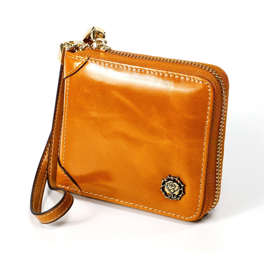 8251 Antimagnetic RFID Multi-function Oil Wax Leather Lady Zipper Wallet Purse with Lanyard(Yellow) by bashfashion