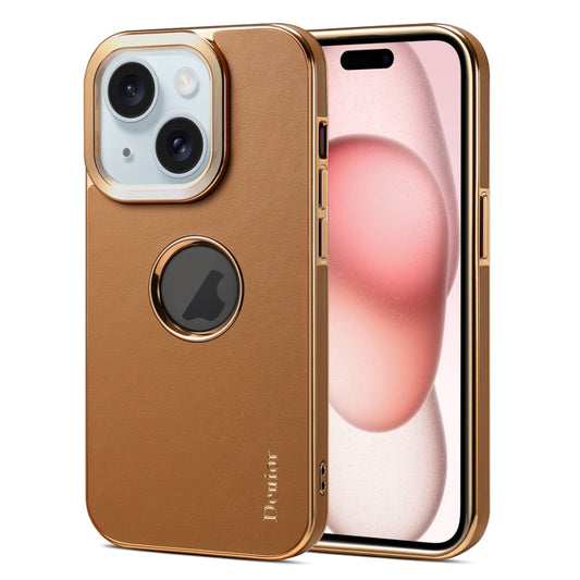 For iPhone 15 Plus Denior Fragrant Calf Texture Electroplating Phone Case(Khaki) by Denior