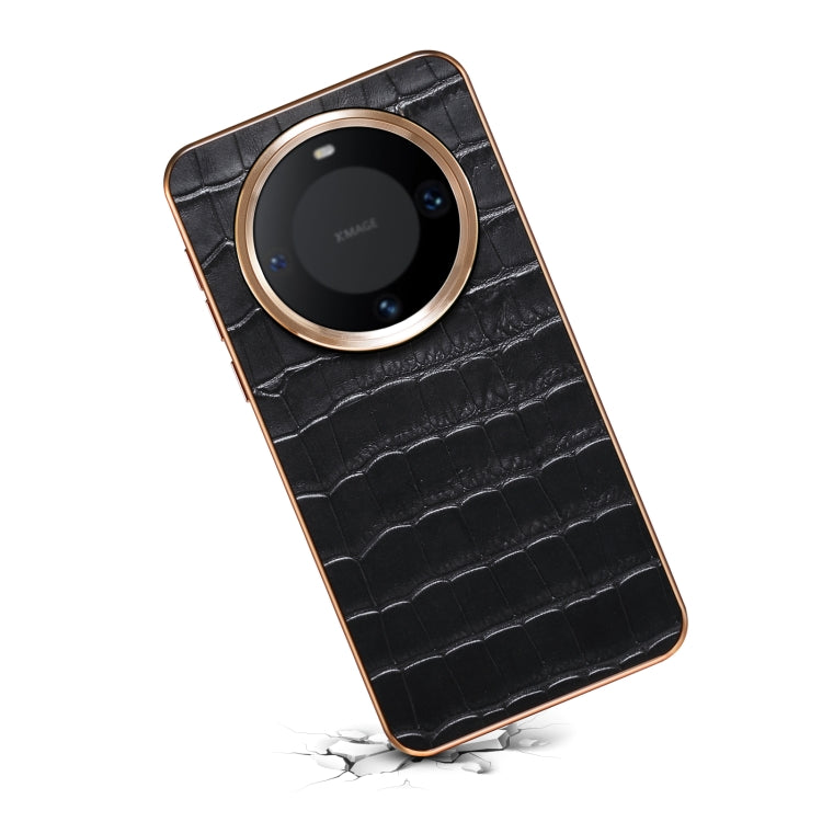For Huawei Mate 60 Denior Crocodile Texture Genuine Leather Electroplating Phone Case(Black) by Denior