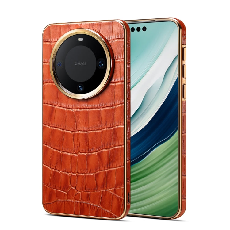 For Huawei Mate 60 Pro / Pro+ Denior Crocodile Texture Genuine Leather Electroplating Phone Case(Mocha Brown) by Denior
