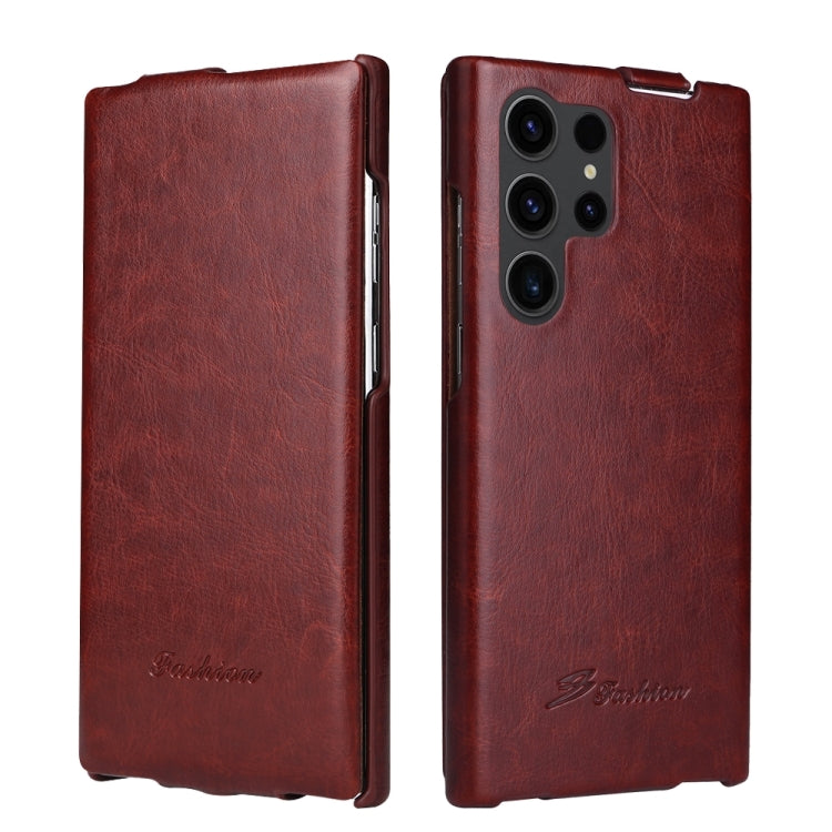 For Samsung Galaxy S24 Ultra 5G Fierre Shann 64 Texture Vertical Flip PU Leather Phone Case(Brown) by FIERRE SHANN