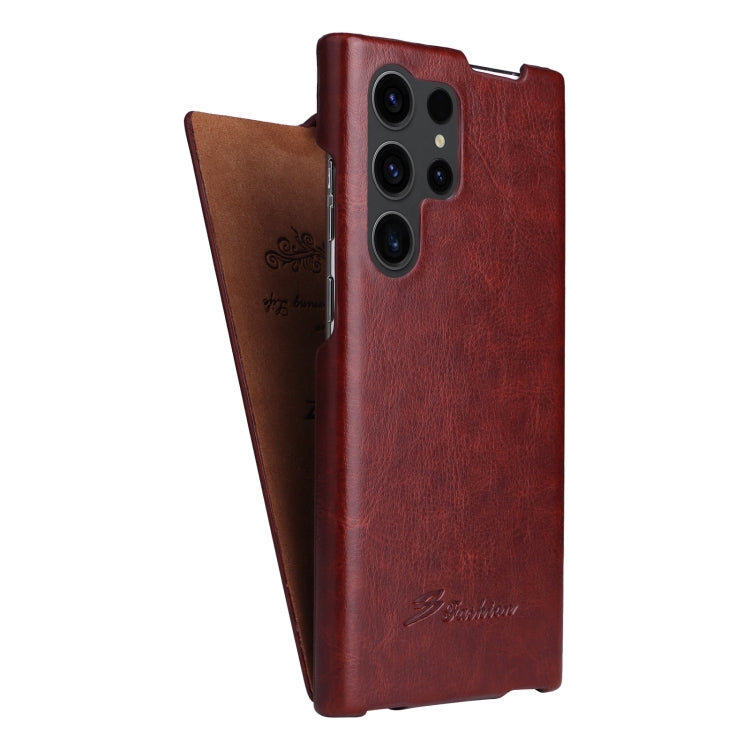 For Samsung Galaxy S24 Ultra 5G Fierre Shann 64 Texture Vertical Flip PU Leather Phone Case(Brown) by FIERRE SHANN