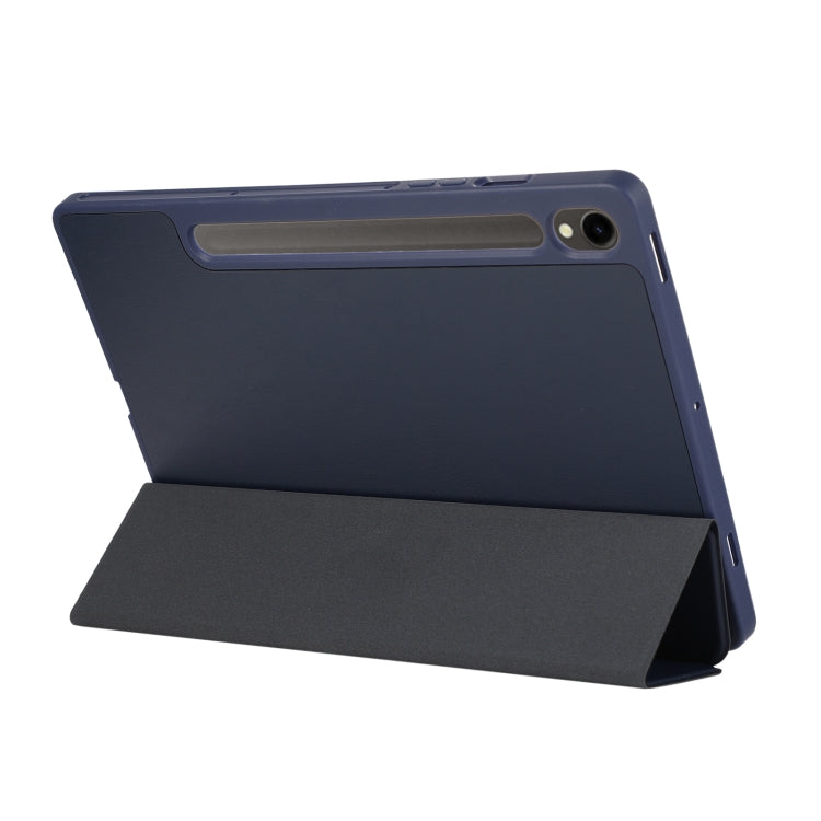 For Samsung Galaxy Tab S10 FE / S9 3-Fold Pure Color TPU Leather Tablet Case with Pen Slot(Dark Blue) by bashfashion