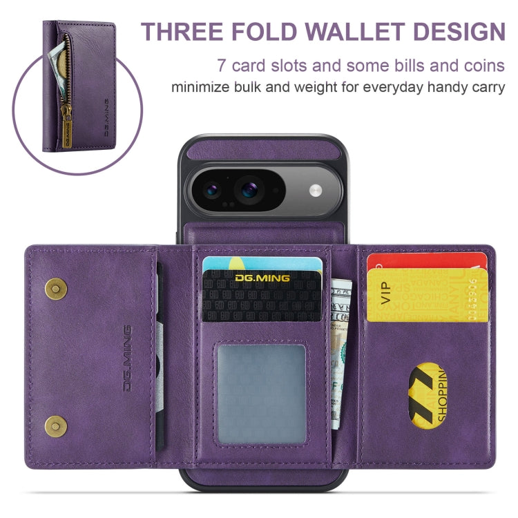 For Google Pixel 9 / 9 Pro DG.MING M5 Series Zip RFID Multi Card Detachable Leather Phone Case(Purple) by DG.MING