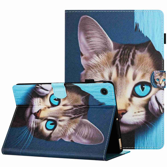 For Samsung Galaxy Tab A11 / A9 Painted Pattern Stitching Smart Leather Tablet Case(Blue Cat) by bashfashion