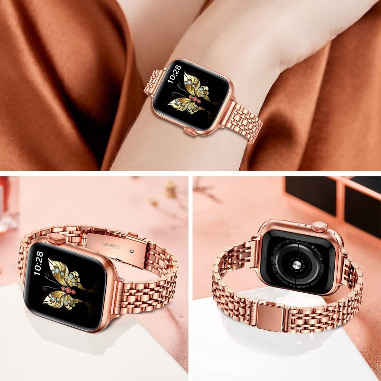 For Apple Watch Series 5 44mm Slim Seven Bead Slingshot Buckle Metal Watch Band(Rose Gold) by bashfashion