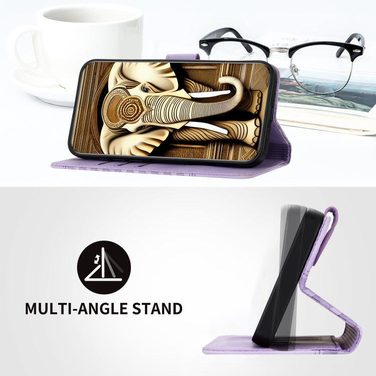 For iPhone 16e YX0060 Elephant Head Embossed Phone Leather Case with Lanyard(Light Purple) by bashfashion