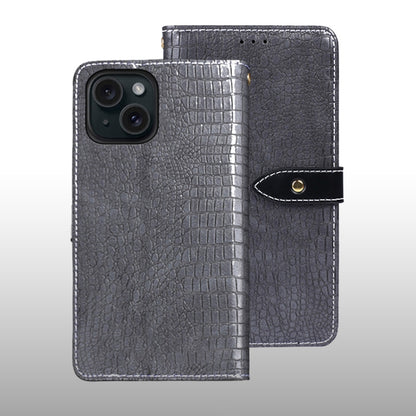 For iPhone 15 idewei Crocodile Texture Leather Phone Case(Grey) by idewei