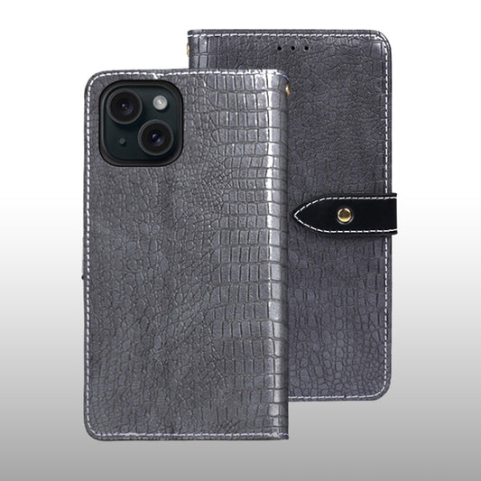 For iPhone 15 idewei Crocodile Texture Leather Phone Case(Grey) by idewei