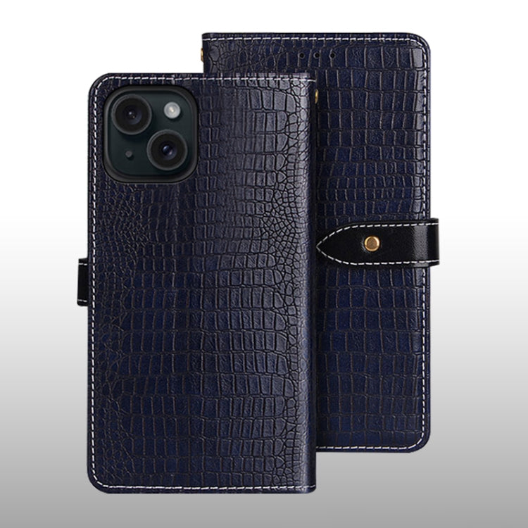 For iPhone 15 idewei Crocodile Texture Leather Phone Case(Dark Blue) by idewei