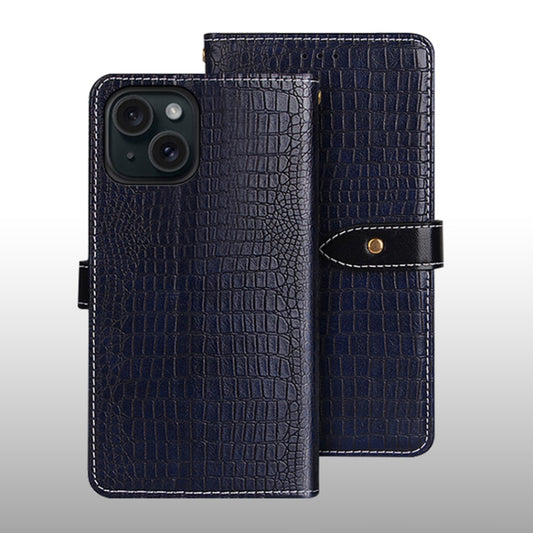 For iPhone 15 Plus idewei Crocodile Texture Leather Phone Case(Dark Blue) by idewei