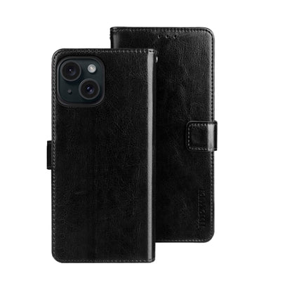 For iPhone 15 Plus idewei Crazy Horse Texture Leather Phone Case with Holder(Black) by idewei