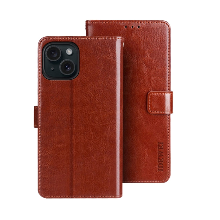 For iPhone 15 idewei Crazy Horse Texture Leather Phone Case with Holder(Brown) by idewei