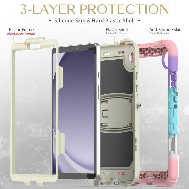 For Samsung Galaxy Tab A11 / A9 Silicone Hydric PC Tablet Case with Shoulder Strap & Holder(Colorful Pink) by bashfashion