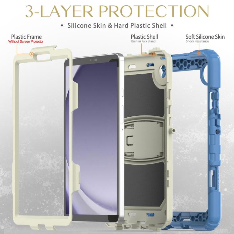 For Samsung Galaxy Tab A11 / A9 Silicone Hydric PC Tablet Case with Shoulder Strap & Holder(Beige Cyan Blue) by bashfashion