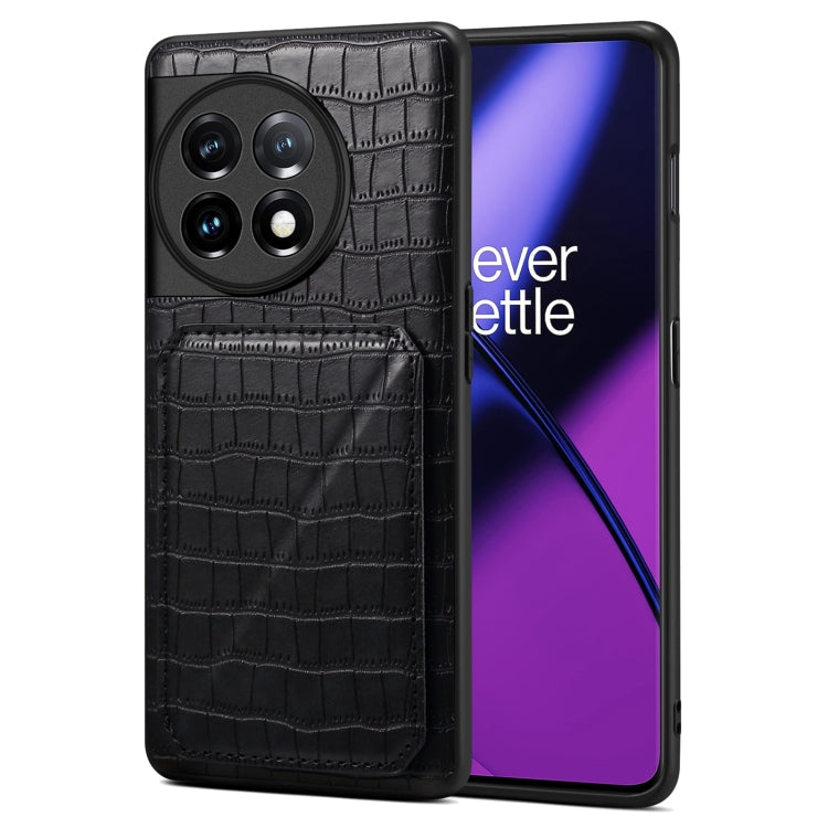For OnePlus 11 5G Denior Imitation Crocodile Leather Back Phone Case with Holder(Black) by Denior