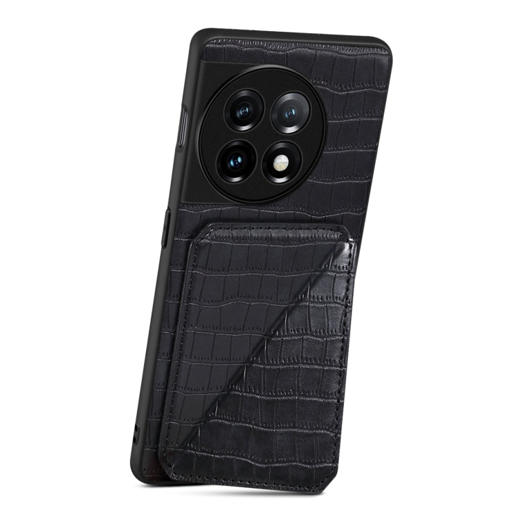 For OnePlus 11 5G Denior Imitation Crocodile Leather Back Phone Case with Holder(Black) by Denior