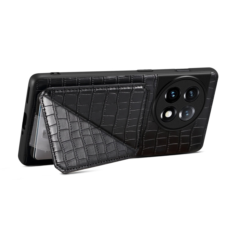For OnePlus 11 5G Denior Imitation Crocodile Leather Back Phone Case with Holder(Black) by Denior