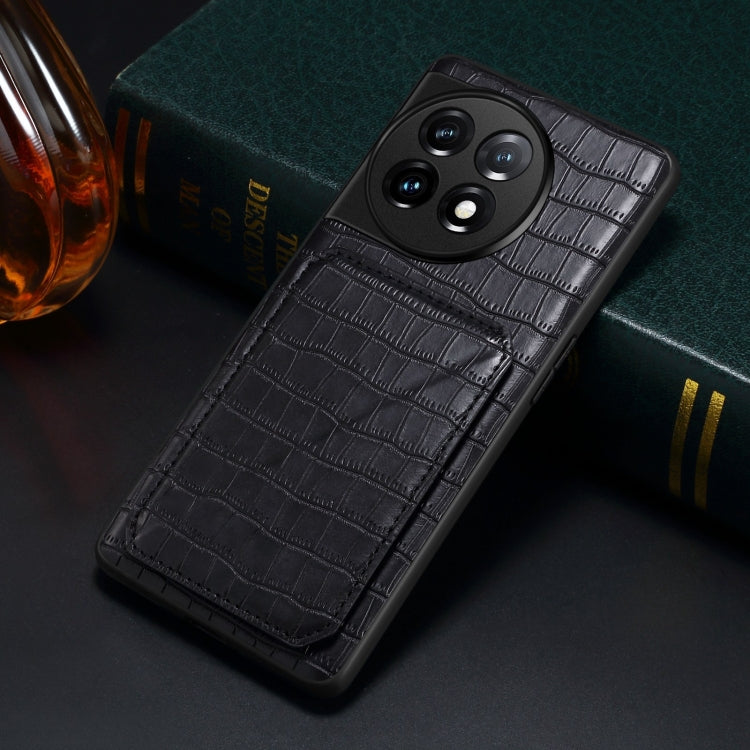 For OnePlus 11 5G Denior Imitation Crocodile Leather Back Phone Case with Holder(Black) by Denior