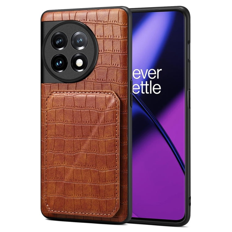 For OnePlus 11 5G Denior Imitation Crocodile Leather Back Phone Case with Holder(Brown) by Denior