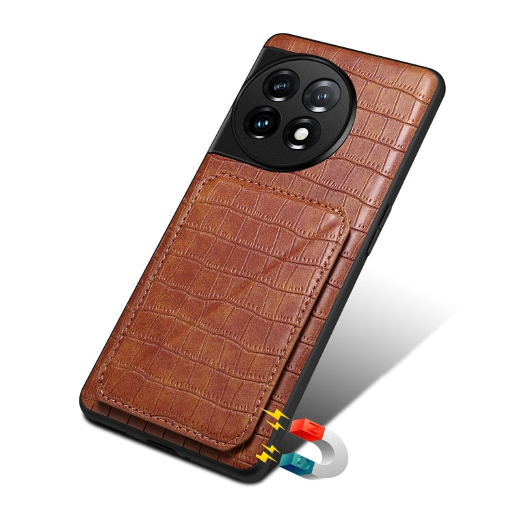 For OnePlus 11 5G Denior Imitation Crocodile Leather Back Phone Case with Holder(Brown) by Denior