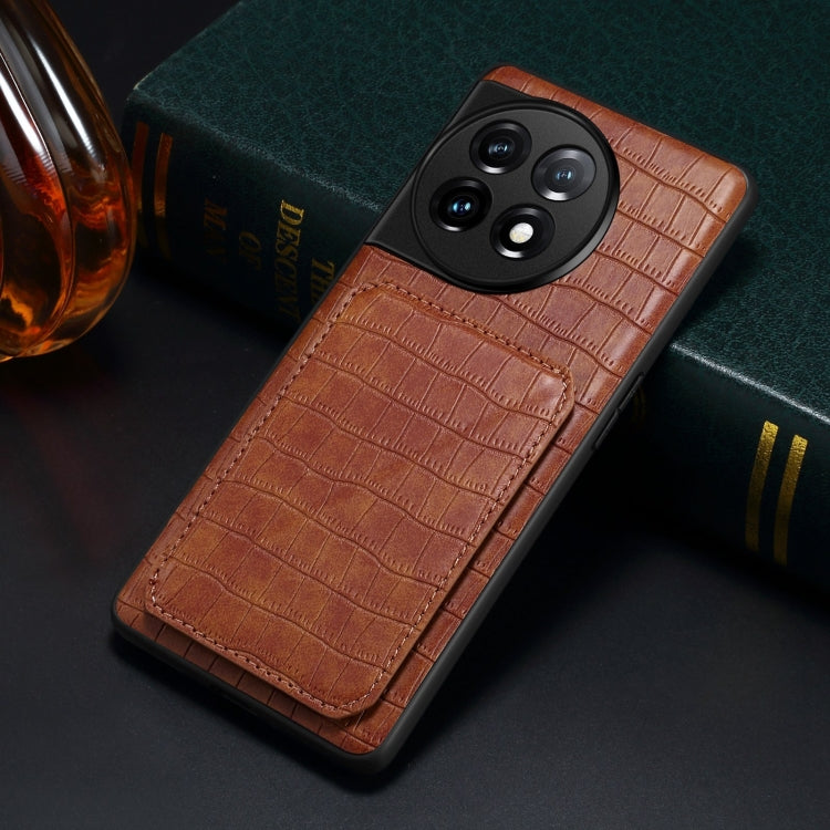 For OnePlus 11 5G Denior Imitation Crocodile Leather Back Phone Case with Holder(Brown) by Denior