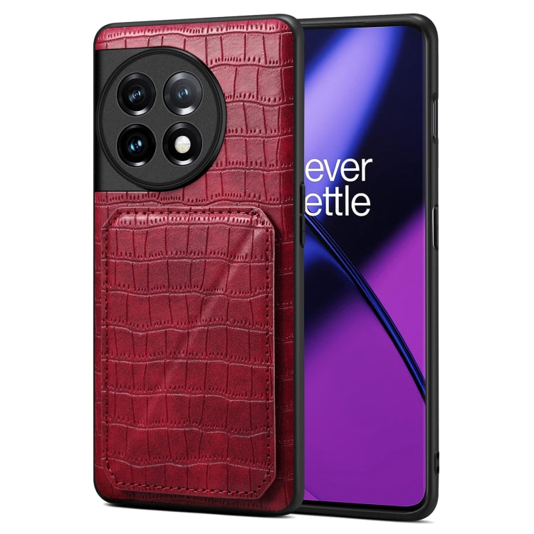 For OnePlus 11 5G Denior Imitation Crocodile Leather Back Phone Case with Holder(Rose Red) by Denior