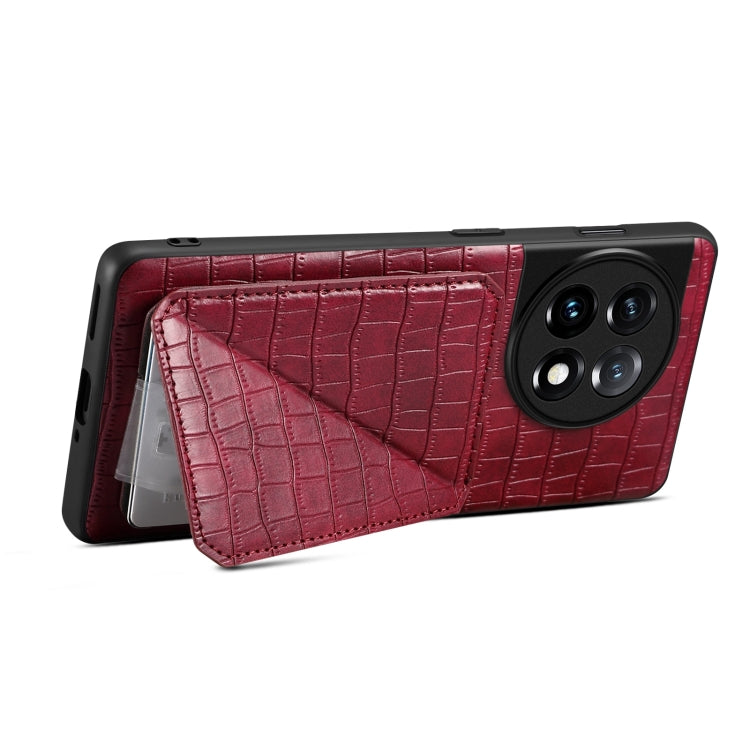 For OnePlus 11 5G Denior Imitation Crocodile Leather Back Phone Case with Holder(Rose Red) by Denior