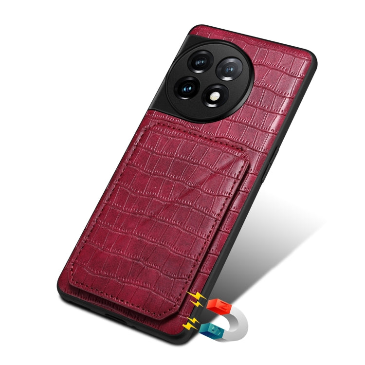 For OnePlus 11 5G Denior Imitation Crocodile Leather Back Phone Case with Holder(Rose Red) by Denior