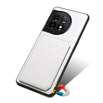 For OnePlus 11 5G Denior Imitation Crocodile Leather Back Phone Case with Holder(White) by Denior