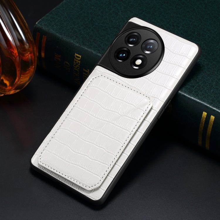 For OnePlus 11 5G Denior Imitation Crocodile Leather Back Phone Case with Holder(White) by Denior