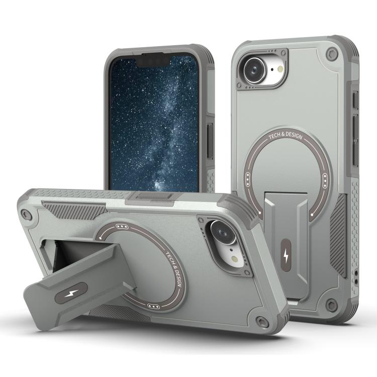 For iPhone 16e Armor Magsafe Holder PC Hybrid TPU Phone Case(Grey) by bashfashion
