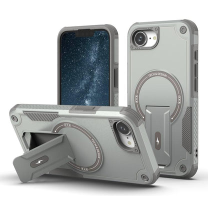 For iPhone 16e Armor Magsafe Holder PC Hybrid TPU Phone Case(Grey) by bashfashion