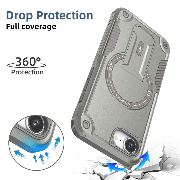 For iPhone 16e Armor Magsafe Holder PC Hybrid TPU Phone Case(Grey) by bashfashion
