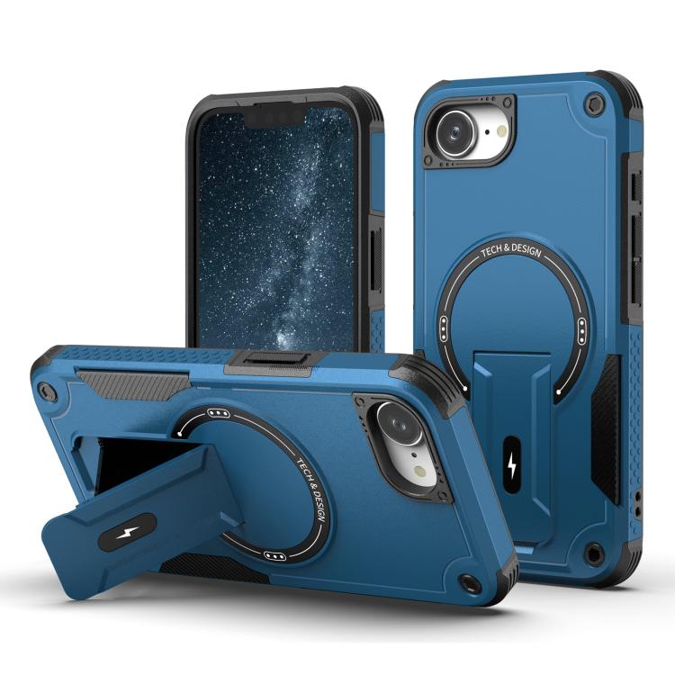 For iPhone 16e Armor Magsafe Holder PC Hybrid TPU Phone Case(Dark Blue) by bashfashion