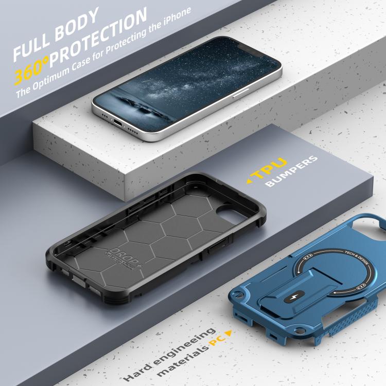 For iPhone 16e Armor Magsafe Holder PC Hybrid TPU Phone Case(Dark Blue) by bashfashion