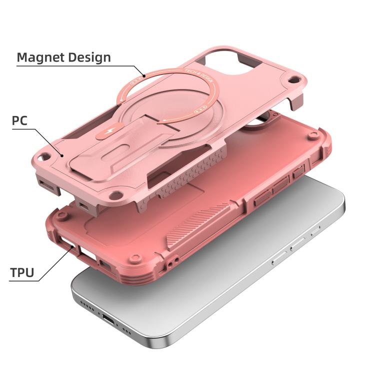 For iPhone 16e Armor Magsafe Holder PC Hybrid TPU Phone Case(Pink) by bashfashion
