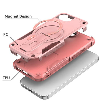 For iPhone 16e Armor Magsafe Holder PC Hybrid TPU Phone Case(Pink) by bashfashion