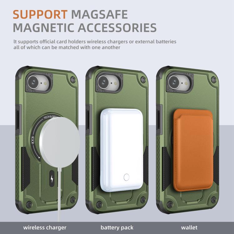 For iPhone 16e Armor Magsafe Holder PC Hybrid TPU Phone Case(Army Green) by bashfashion