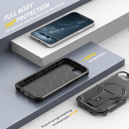 For iPhone 16e Armor Magsafe Holder PC Hybrid TPU Phone Case(Black) by bashfashion