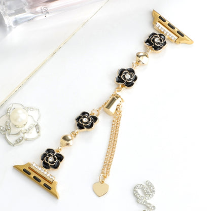 For Apple Watch Series 8 41mm Camellia Metal Chain Bracelet Watch Band(Black Gold) by bashfashion